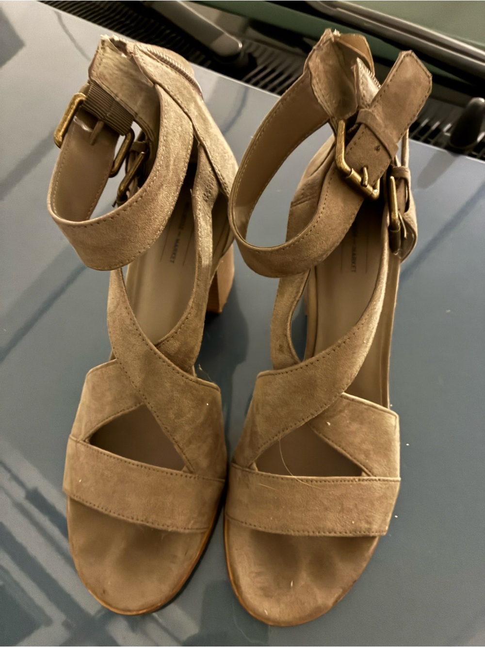 Melrose and Market Taupe Suede Crisscross Ankle Strap Block Heels